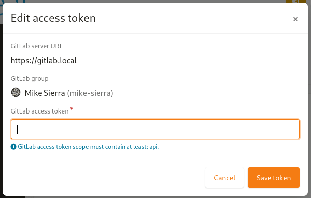 Modal to change the access token for the GitLab group.