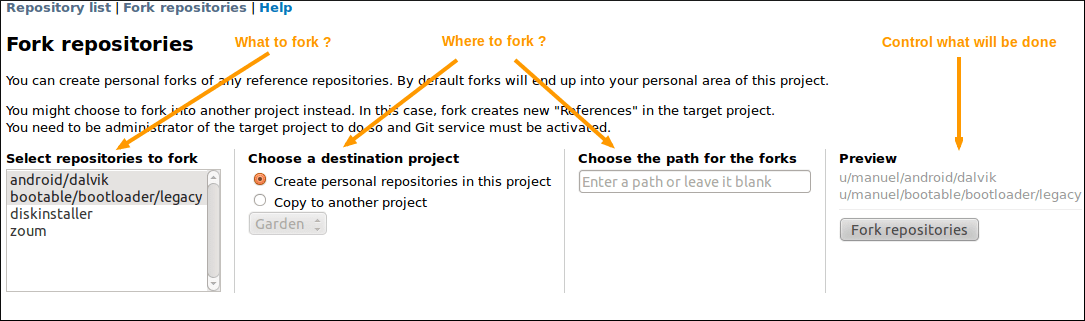 Git repositories fork screen